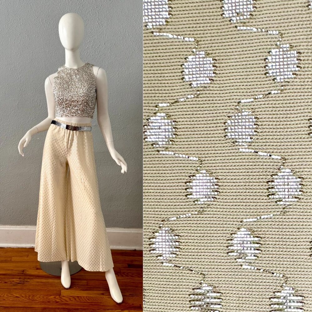 Vintage 60s 70s Ivory Metallic Disco Mod Palazzo Wide Pants XS/S